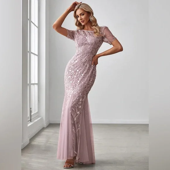 Dresses | Floral Sequin Print Maxi Long Fishtail Formal Dresses With Half  Sleeve | Poshmark